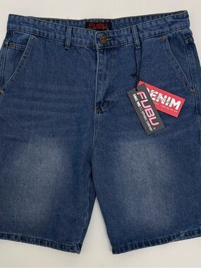 FUBU Men's Blue Denim Baggy Y2K Shorts Flat Front Pockets Embroidered Back - NWT
